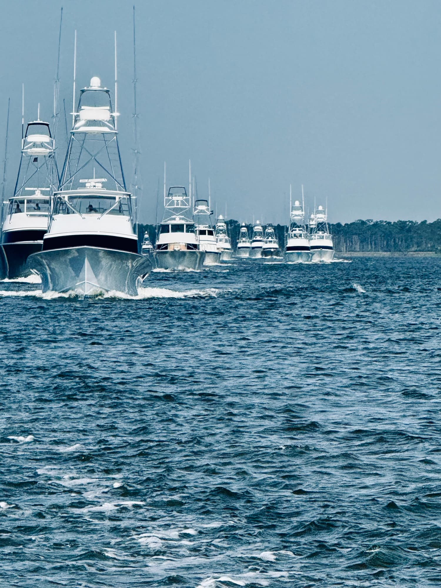 Fleet of sport-fishing boats heading out at dawn, Big Daddy's in the line