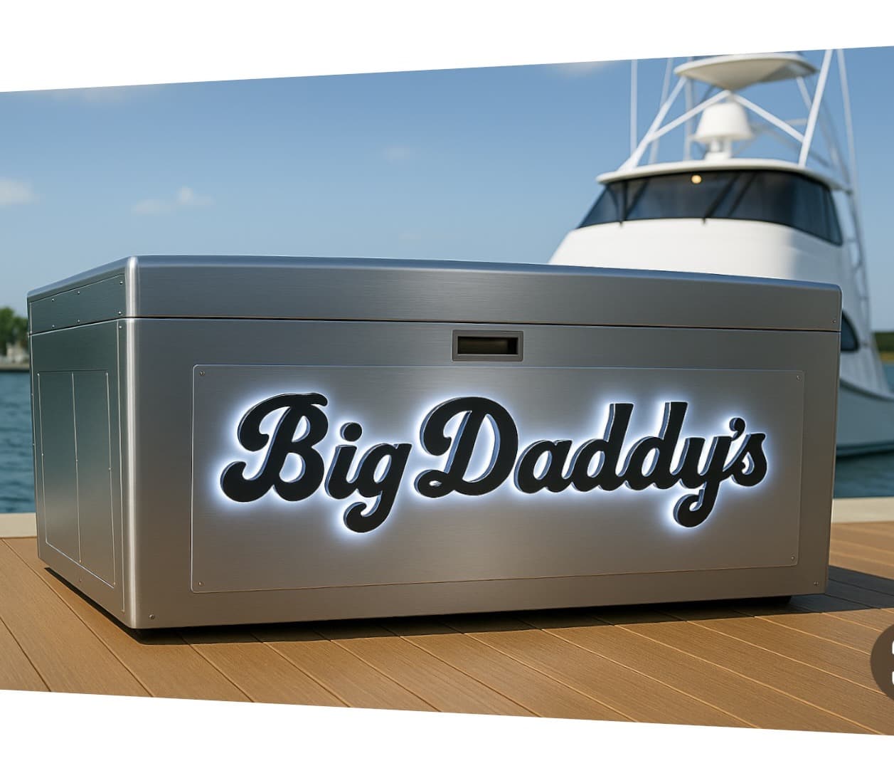 The Big Daddy's branded cooler on the deck, the boat behind